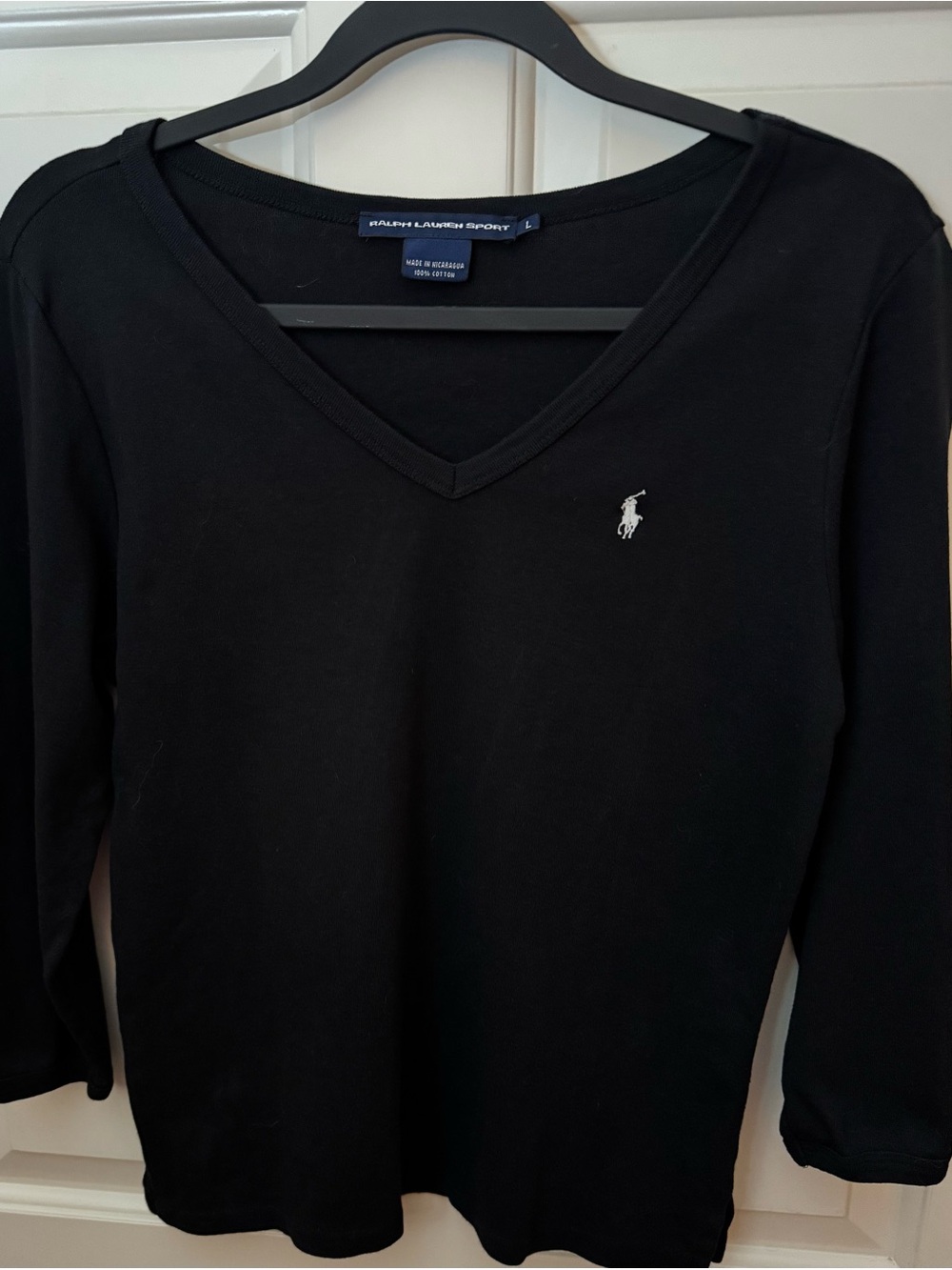 Ralph Lauren Sport Top in Black 100% Cotton V-Neck and 3/4 Sleeves Size - Large